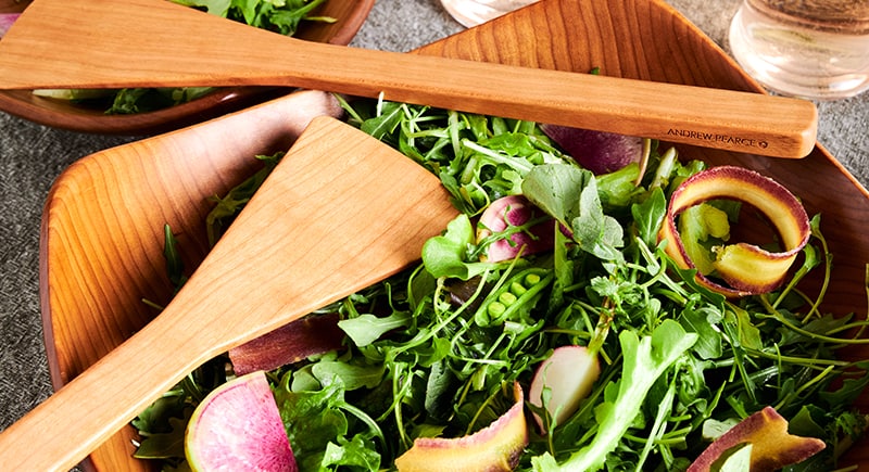  fresh salad shown with andrew pearce wooden salad servers and the echo style wooden salad bowls