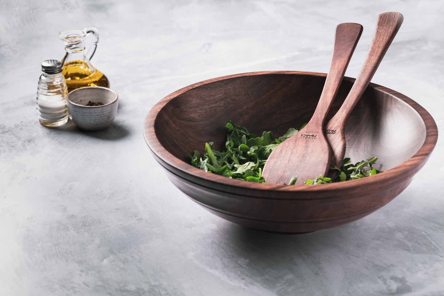 Wooden Salad Bowl with wood salad servers in Walnut