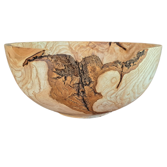 Side view of bark inclusion in  massive ash burl wood bowl