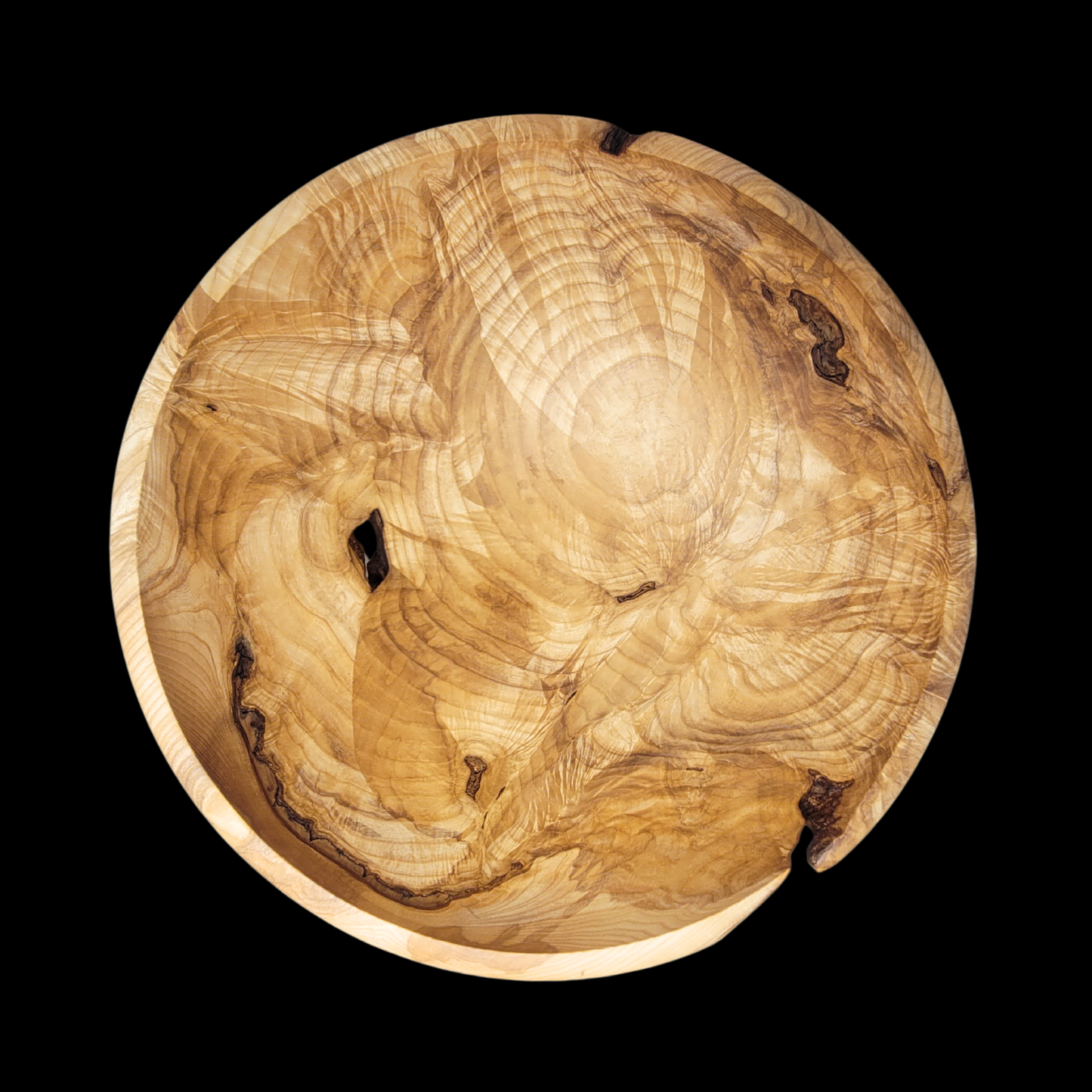 Wooden burl bowl with natural grain and texture on a black background