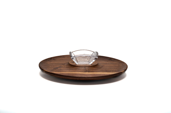 simon pearce glass with wooden serving platter
