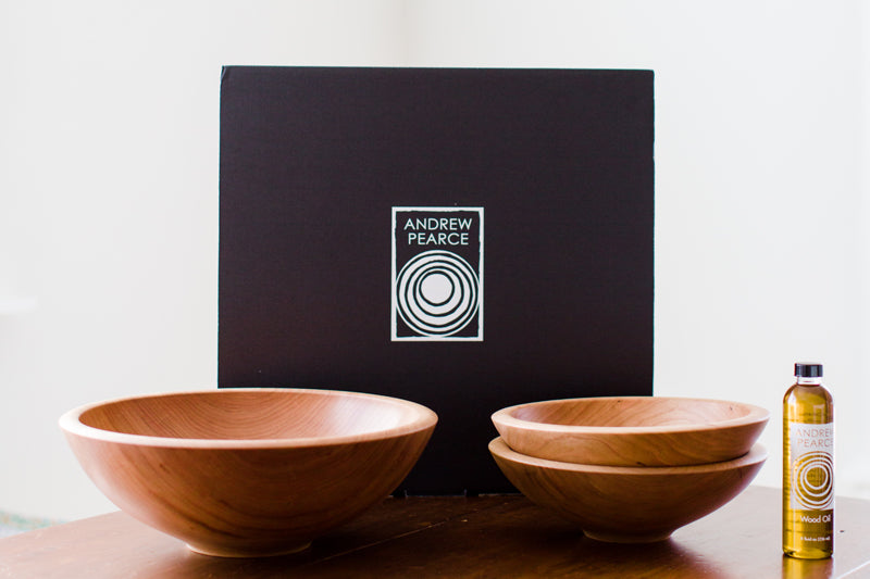  corporate gift sets with round wooden bowls and wood oil from Andrew Pearce Bowls in Hartland VT