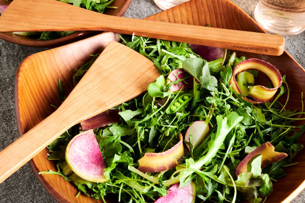 Square wooden bowls Echo style from Andrew Pearce Bowls in Vermont shown with a fresh green salad