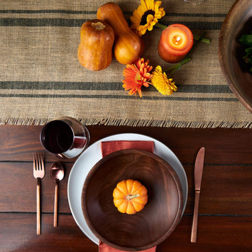 Fall table setting with wood bowls