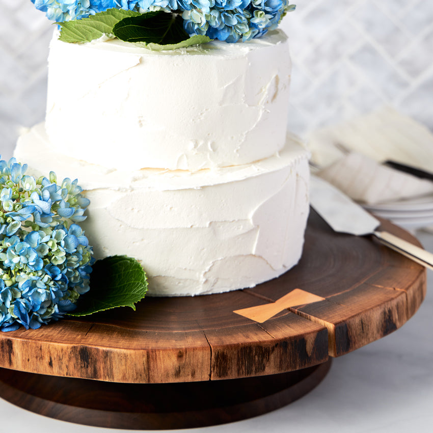 engraved wedding gift wooden cake stand with bowtie by Andrew Pearce Bowls in Hartland VT
