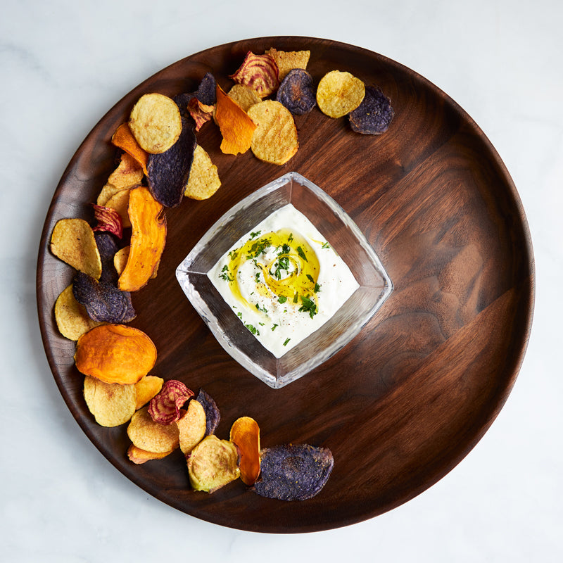 wood serving platter with chips and dip from Andrew Pearce Bowls in Hartland VT
